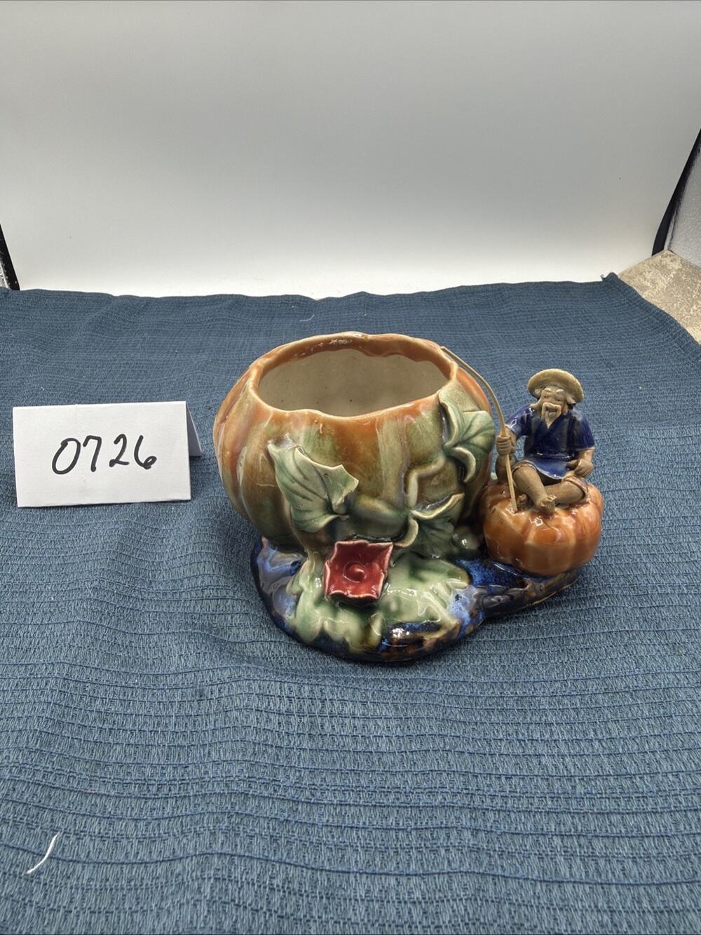 Majolica Chinese Mudman Planter Vase Ladybug Flower & Mudmen Fishermans Fortune